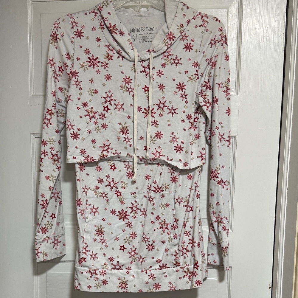 Latched Mama White Hoodie with Red and Gold Snowflakes